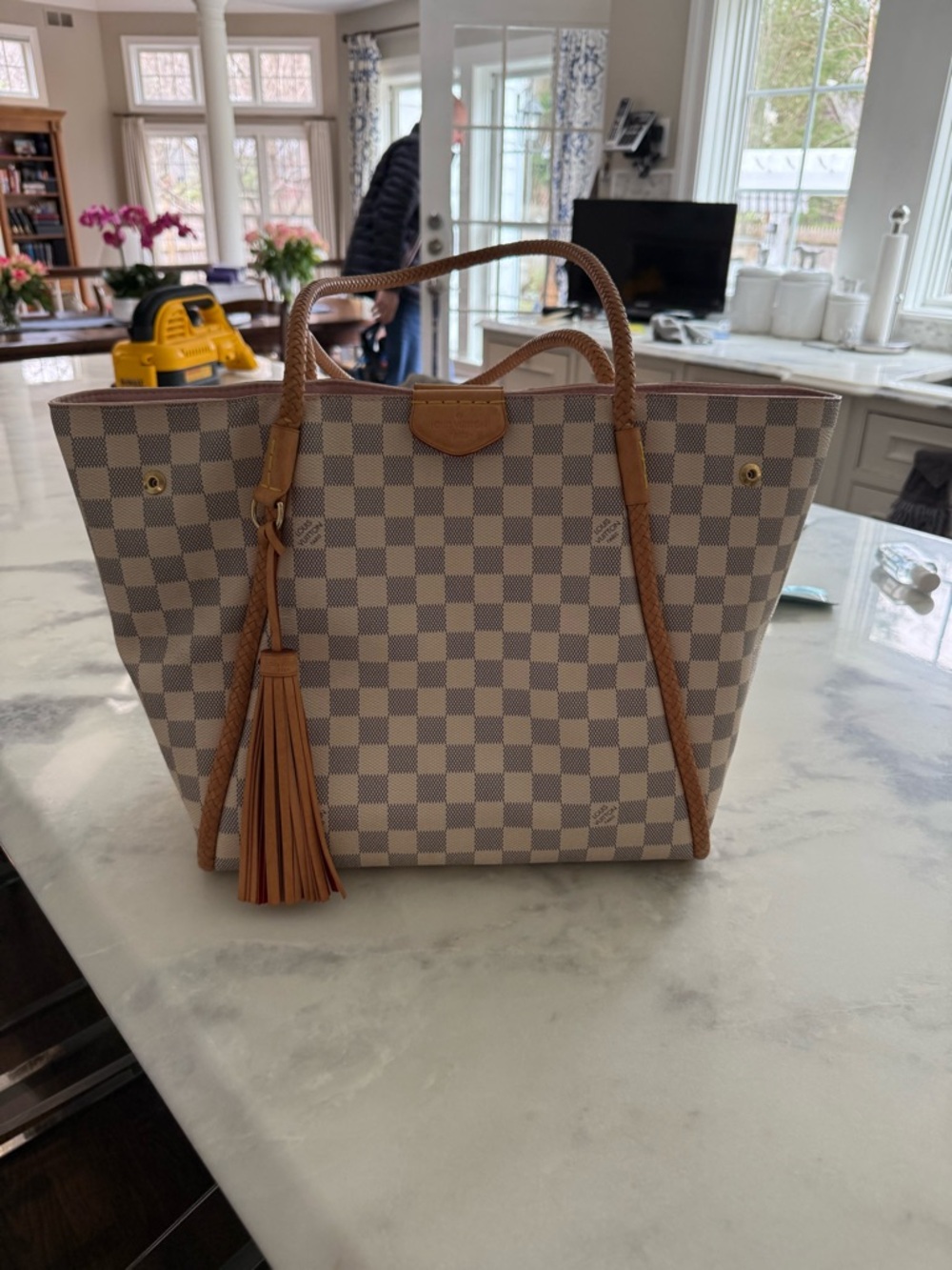 Authentic Louis Vuitton Damier Azur Canvas Tote with Tan Leather Trim and Tassel